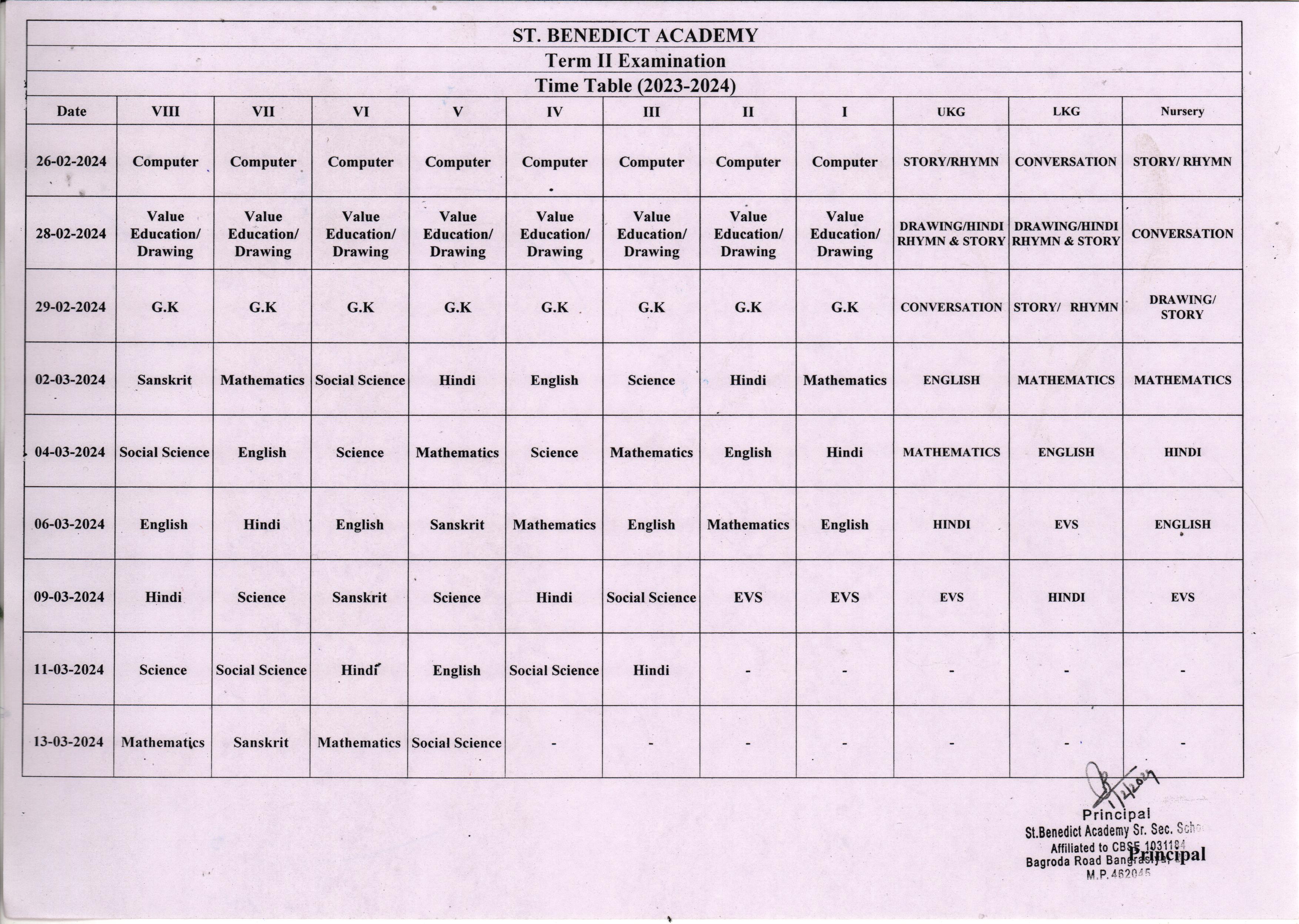 Annual Examination Time Table (2023-2024)