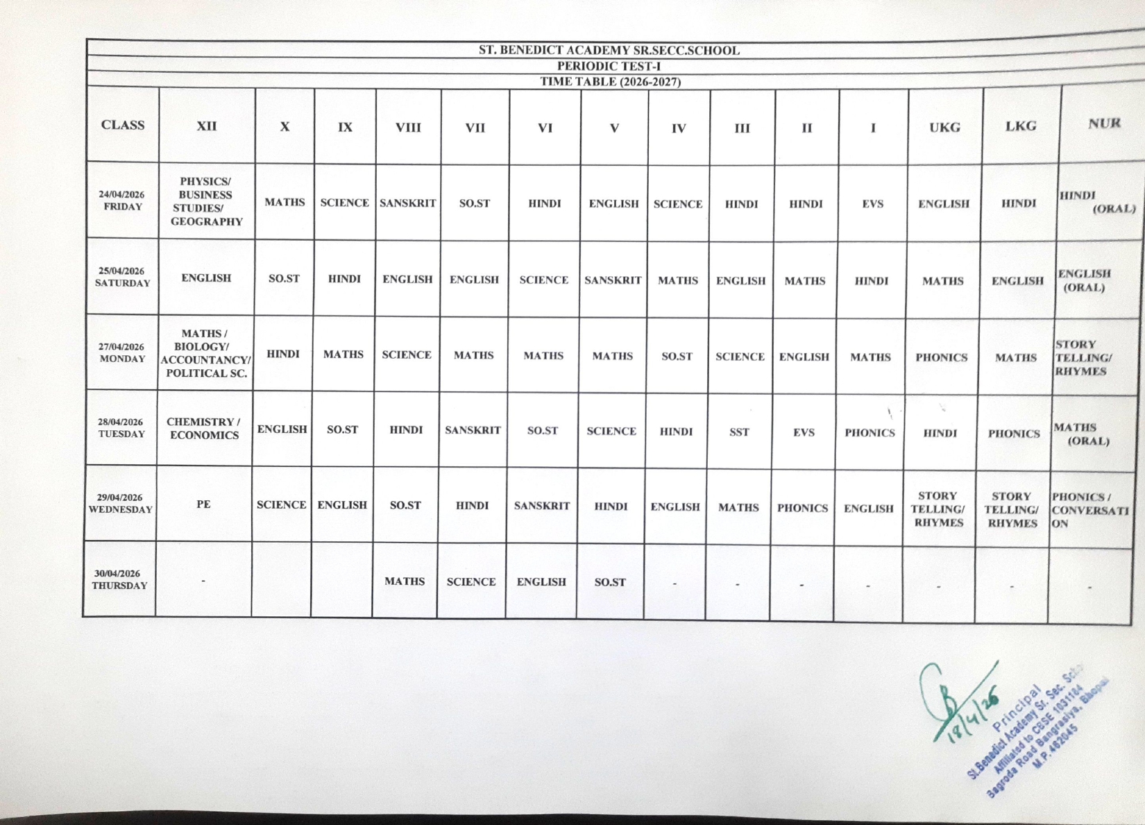 Periodic Test - 1 Time Table (2026-2027)
